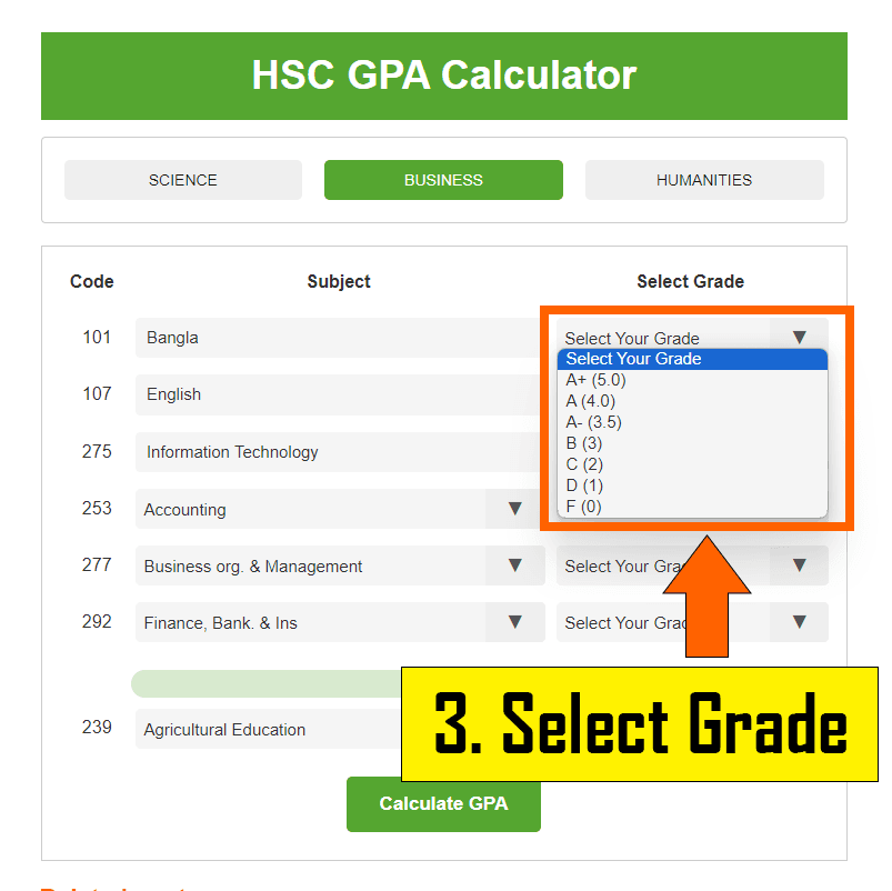 3rd Step - Select HSC Grades